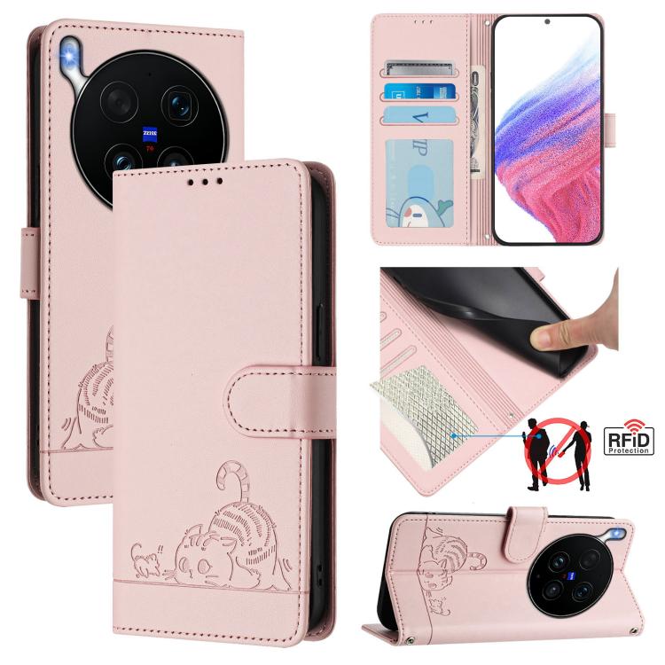 Cat Rat Embossed Pattern RFID Leather Phone Case with Lanyard, For vivo X300 FE 5G Zeiss, For vivo X300s 5G, For vivo Y21 5G 2026 / vivo Y05 4G, For vivo V70 FE 5G, For vivo X300 Ultra 5G, For vivo X300 Pro, For vivo X300, For vivo Y31 5G Global