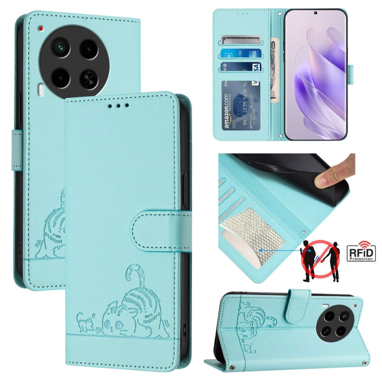 Cat Rat Embossed Pattern RFID Leather Phone Case with Lanyard, For Tecno Pova 6 4G, For Tecno Camon 30 Pro 5G, For Tecno Camon 30 5G CL7, For Tecno Camon 30 4G, For Tecno Camon 30 5G, For Tecno Spark 20 Pro+, For Tecno Spark 20 Pro, For Tecno Spark 20C