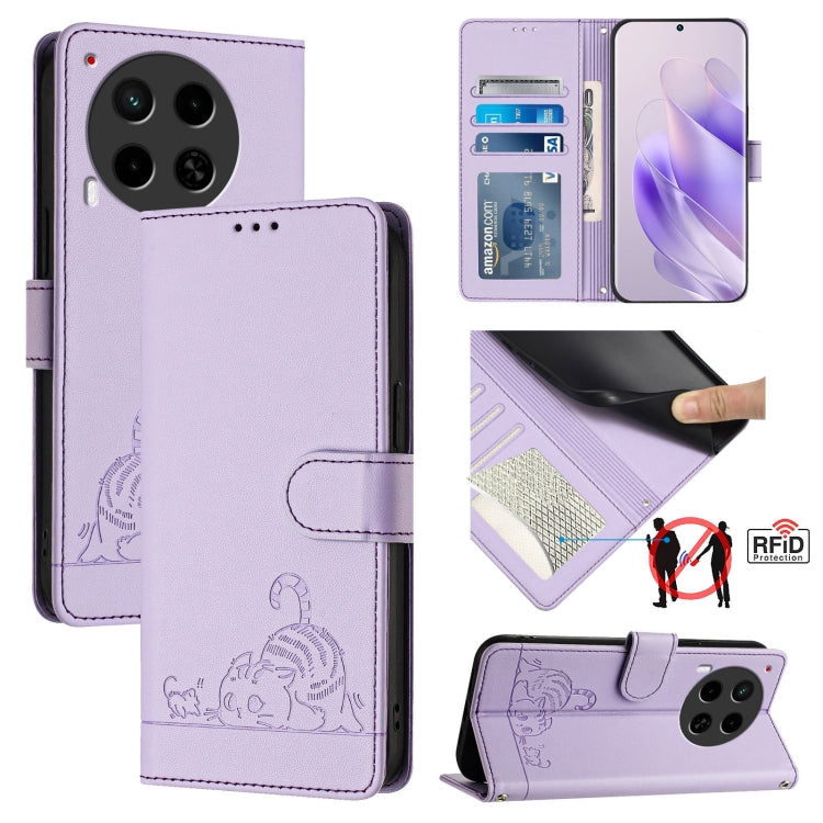 Cat Rat Embossed Pattern RFID Leather Phone Case with Lanyard, For Tecno Pova 6 4G, For Tecno Camon 30 Pro 5G, For Tecno Camon 30 5G CL7, For Tecno Camon 30 4G, For Tecno Camon 30 5G, For Tecno Spark 20 Pro+, For Tecno Spark 20 Pro, For Tecno Spark 20C