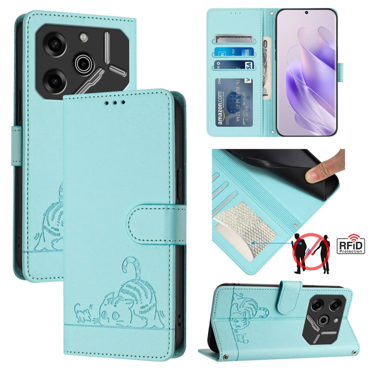 Cat Rat Embossed Pattern RFID Leather Phone Case with Lanyard, For Tecno Spark Go 1, For Tecno Spark 20 Pro 5G, For Tecno POP 6C, For Tecno Spark 10 Pro Magic Magenta, For Tecno Camon 30 Premier 5G cl9, For Tecno Pova 6 Neo, For Tecno Pova 6 Pro li9   ...