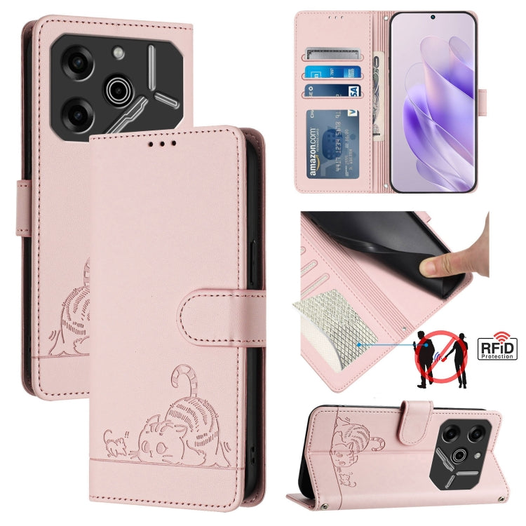 Cat Rat Embossed Pattern RFID Leather Phone Case with Lanyard, For Tecno Spark Go 1, For Tecno Spark 20 Pro 5G, For Tecno POP 6C, For Tecno Spark 10 Pro Magic Magenta, For Tecno Camon 30 Premier 5G cl9, For Tecno Pova 6 Neo, For Tecno Pova 6 Pro li9   ...