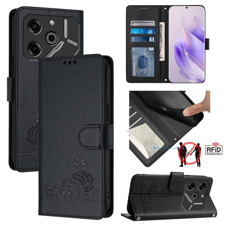 Cat Rat Embossed Pattern RFID Leather Phone Case with Lanyard, For Tecno Spark Go 1, For Tecno Spark 20 Pro 5G, For Tecno POP 6C, For Tecno Spark 10 Pro Magic Magenta, For Tecno Camon 30 Premier 5G cl9, For Tecno Pova 6 Neo, For Tecno Pova 6 Pro li9   ...