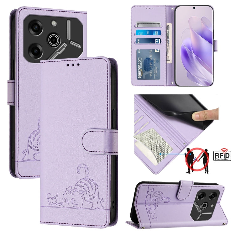 Cat Rat Embossed Pattern RFID Leather Phone Case with Lanyard, For Tecno Spark Go 1, For Tecno Spark 20 Pro 5G, For Tecno POP 6C, For Tecno Spark 10 Pro Magic Magenta, For Tecno Camon 30 Premier 5G cl9, For Tecno Pova 6 Neo, For Tecno Pova 6 Pro li9   ...