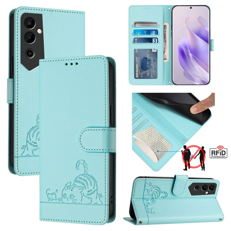 Cat Rat Embossed Pattern RFID Leather Phone Case with Lanyard, For Tecno POVA 4, For Tecno Pova NEO 2, For Tecno Spark 9, For Tecno Spark 9 Pro / 9T, For Tecno Camon 19, For Tecno Camon 19 NEO, For Tecno POP 5C, For Tecno Spark 6 Go / Go 2020