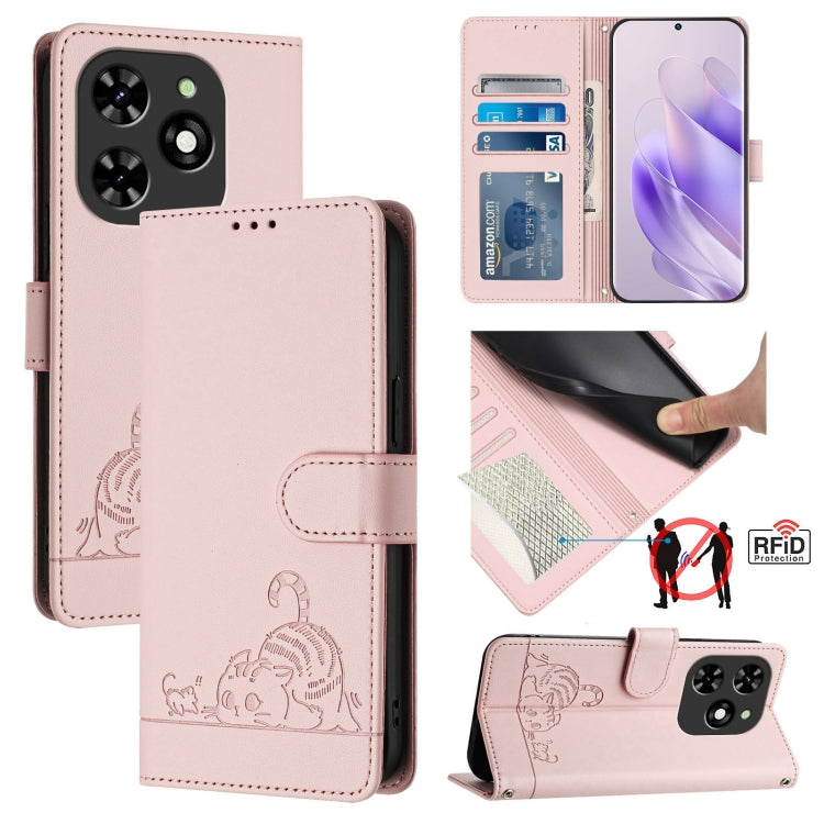 Cat Rat Embossed Pattern RFID Leather Phone Case with Lanyard, For Tecno Pova 6 4G, For Tecno Camon 30 Pro 5G, For Tecno Camon 30 5G CL7, For Tecno Camon 30 4G, For Tecno Camon 30 5G, For Tecno Spark 20 Pro+, For Tecno Spark 20 Pro, For Tecno Spark 20C
