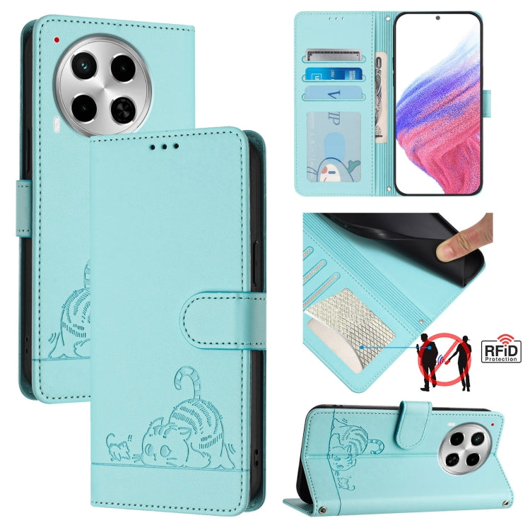 Cat Rat Embossed Pattern RFID Leather Phone Case with Lanyard, For Tecno Pova 6 4G, For Tecno Camon 30 Pro 5G, For Tecno Camon 30 5G CL7, For Tecno Camon 30 4G, For Tecno Camon 30 5G, For Tecno Spark 20 Pro+, For Tecno Spark 20 Pro, For Tecno Spark 20C