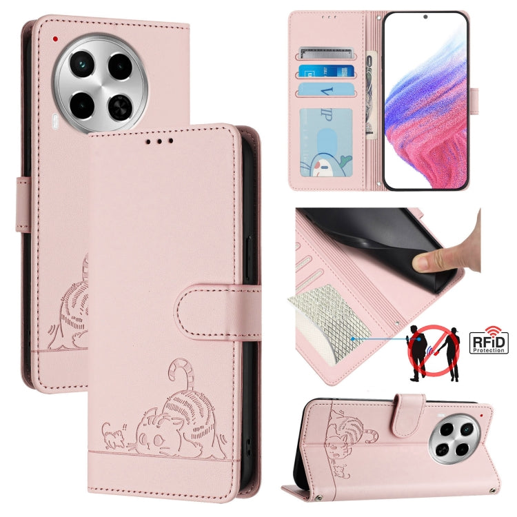 Cat Rat Embossed Pattern RFID Leather Phone Case with Lanyard, For Tecno Pova 6 4G, For Tecno Camon 30 Pro 5G, For Tecno Camon 30 5G CL7, For Tecno Camon 30 4G, For Tecno Camon 30 5G, For Tecno Spark 20 Pro+, For Tecno Spark 20 Pro, For Tecno Spark 20C