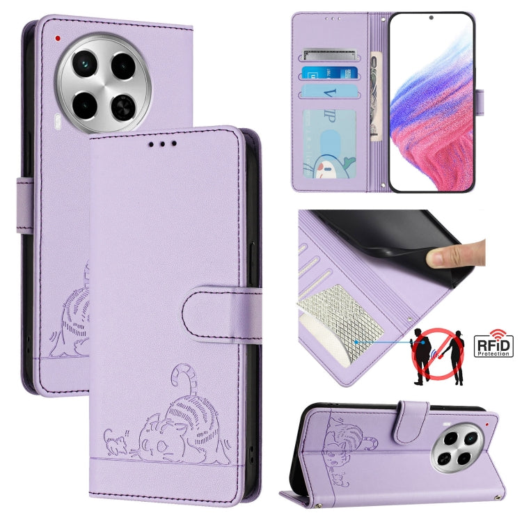 Cat Rat Embossed Pattern RFID Leather Phone Case with Lanyard, For Tecno Pova 6 4G, For Tecno Camon 30 Pro 5G, For Tecno Camon 30 5G CL7, For Tecno Camon 30 4G, For Tecno Camon 30 5G, For Tecno Spark 20 Pro+, For Tecno Spark 20 Pro, For Tecno Spark 20C