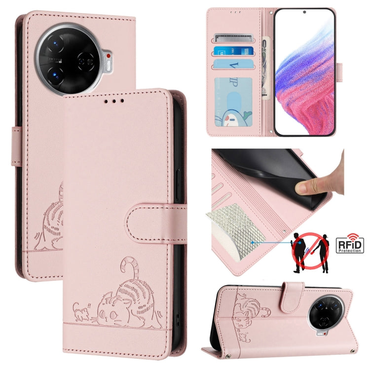 Cat Rat Embossed Pattern RFID Leather Phone Case with Lanyard, For Tecno Pova 6 4G, For Tecno Camon 30 Pro 5G, For Tecno Camon 30 5G CL7, For Tecno Camon 30 4G, For Tecno Camon 30 5G, For Tecno Spark 20 Pro+, For Tecno Spark 20 Pro, For Tecno Spark 20C