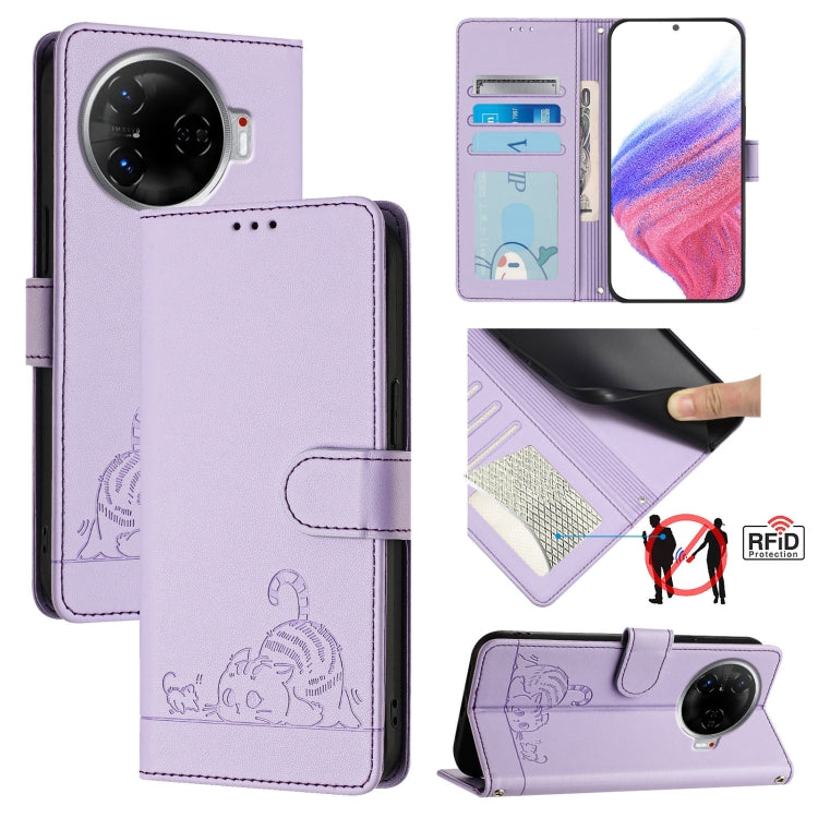 Cat Rat Embossed Pattern RFID Leather Phone Case with Lanyard, For Tecno Pova 6 4G, For Tecno Camon 30 Pro 5G, For Tecno Camon 30 5G CL7, For Tecno Camon 30 4G, For Tecno Camon 30 5G, For Tecno Spark 20 Pro+, For Tecno Spark 20 Pro, For Tecno Spark 20C