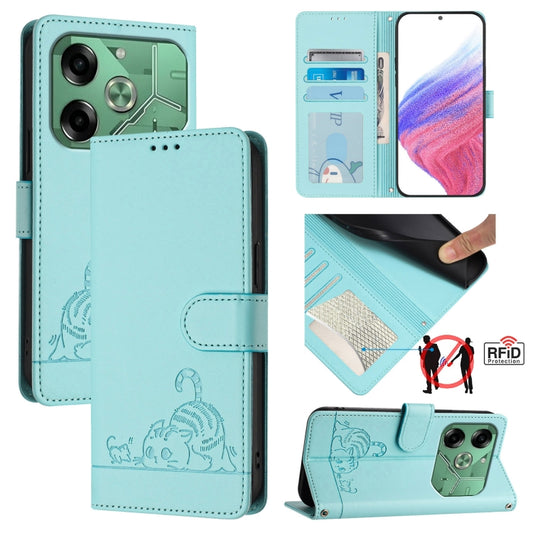 Cat Rat Embossed Pattern RFID Leather Phone Case with Lanyard, For Tecno Pova 6 4G, For Tecno Camon 30 Pro 5G, For Tecno Camon 30 5G CL7, For Tecno Camon 30 4G, For Tecno Camon 30 5G, For Tecno Spark 20 Pro+, For Tecno Spark 20 Pro, For Tecno Spark 20C