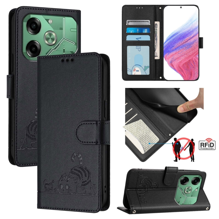 Cat Rat Embossed Pattern RFID Leather Phone Case with Lanyard, For Tecno Pova 6 4G, For Tecno Camon 30 Pro 5G, For Tecno Camon 30 5G CL7, For Tecno Camon 30 4G, For Tecno Camon 30 5G, For Tecno Spark 20 Pro+, For Tecno Spark 20 Pro, For Tecno Spark 20C