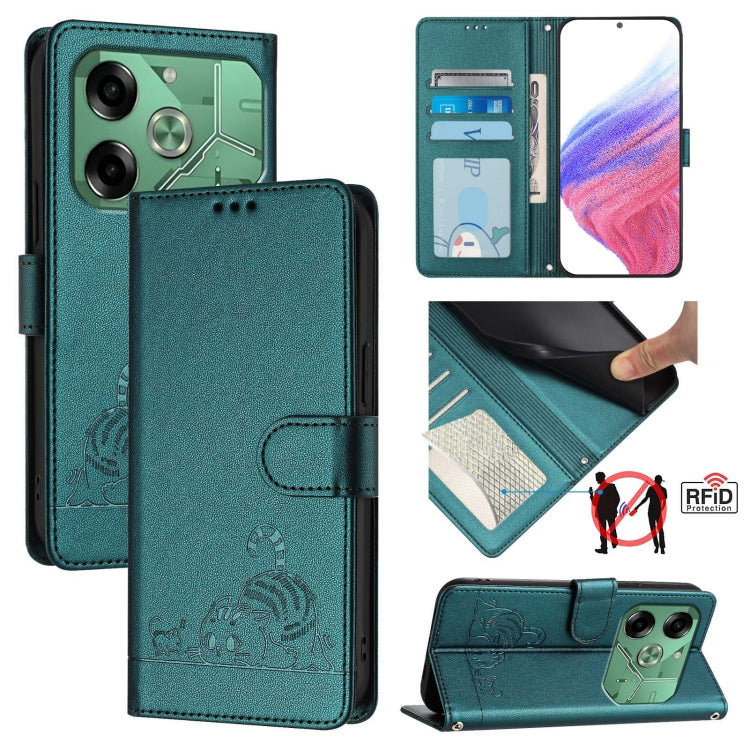 Cat Rat Embossed Pattern RFID Leather Phone Case with Lanyard, For Tecno Pova 6 4G, For Tecno Camon 30 Pro 5G, For Tecno Camon 30 5G CL7, For Tecno Camon 30 4G, For Tecno Camon 30 5G, For Tecno Spark 20 Pro+, For Tecno Spark 20 Pro, For Tecno Spark 20C