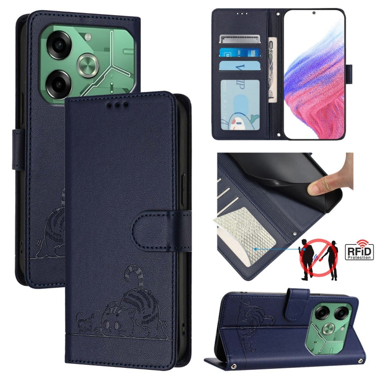 Cat Rat Embossed Pattern RFID Leather Phone Case with Lanyard, For Tecno Pova 6 4G, For Tecno Camon 30 Pro 5G, For Tecno Camon 30 5G CL7, For Tecno Camon 30 4G, For Tecno Camon 30 5G, For Tecno Spark 20 Pro+, For Tecno Spark 20 Pro, For Tecno Spark 20C