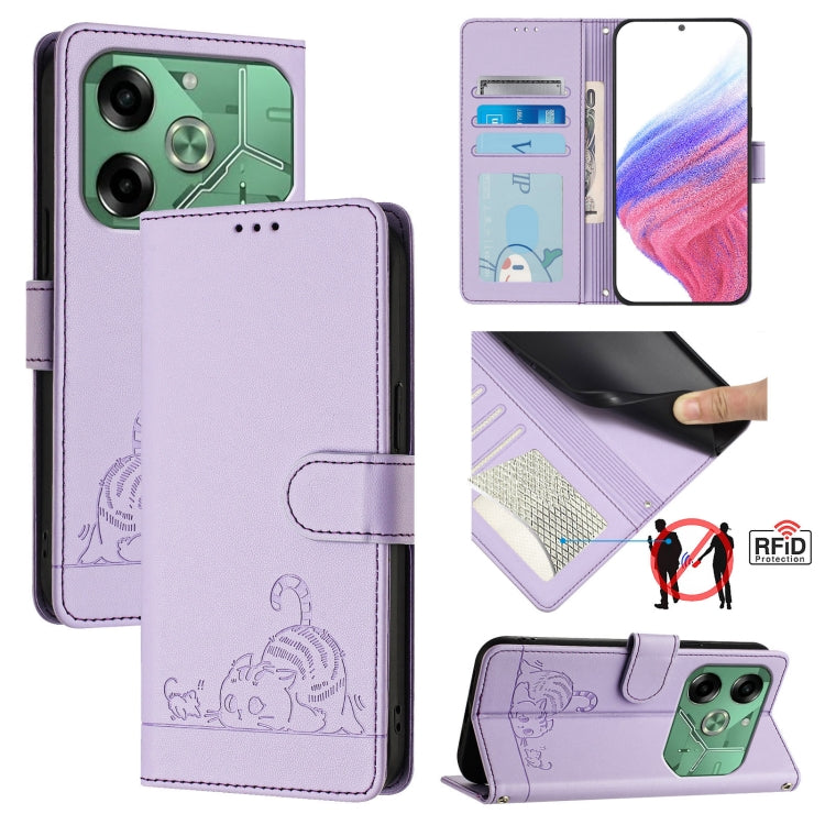 Cat Rat Embossed Pattern RFID Leather Phone Case with Lanyard, For Tecno Pova 6 4G, For Tecno Camon 30 Pro 5G, For Tecno Camon 30 5G CL7, For Tecno Camon 30 4G, For Tecno Camon 30 5G, For Tecno Spark 20 Pro+, For Tecno Spark 20 Pro, For Tecno Spark 20C