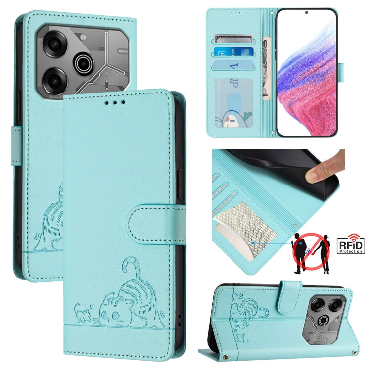 Cat Rat Embossed Pattern RFID Leather Phone Case with Lanyard, For Tecno Spark Go 1, For Tecno Spark 20 Pro 5G, For Tecno POP 6C, For Tecno Spark 10 Pro Magic Magenta, For Tecno Camon 30 Premier 5G cl9, For Tecno Pova 6 Neo, For Tecno Pova 6 Pro li9   ...