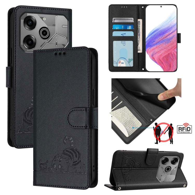 Cat Rat Embossed Pattern RFID Leather Phone Case with Lanyard, For Tecno Spark Go 1, For Tecno Spark 20 Pro 5G, For Tecno POP 6C, For Tecno Spark 10 Pro Magic Magenta, For Tecno Camon 30 Premier 5G cl9, For Tecno Pova 6 Neo, For Tecno Pova 6 Pro li9   ...