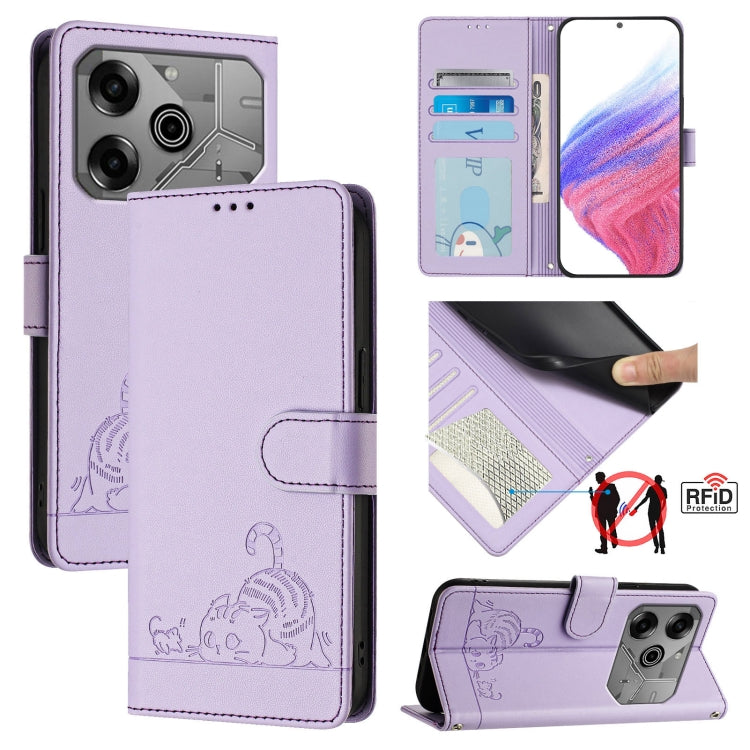 Cat Rat Embossed Pattern RFID Leather Phone Case with Lanyard, For Tecno Spark Go 1, For Tecno Spark 20 Pro 5G, For Tecno POP 6C, For Tecno Spark 10 Pro Magic Magenta, For Tecno Camon 30 Premier 5G cl9, For Tecno Pova 6 Neo, For Tecno Pova 6 Pro li9   ...