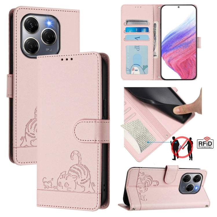 Cat Rat Embossed Pattern RFID Leather Phone Case with Lanyard, For Tecno Spark Go 1, For Tecno Spark 20 Pro 5G, For Tecno POP 6C, For Tecno Spark 10 Pro Magic Magenta, For Tecno Camon 30 Premier 5G cl9, For Tecno Pova 6 Neo, For Tecno Pova 6 Pro li9   ...