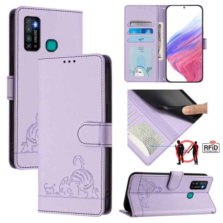 Cat Rat Embossed Pattern RFID Leather Phone Case with Lanyard, For Infinix Note 12 5G, For Infinix Hot 10T / 10s, For Infinix Hot 10i, For Infinix Hot 9 / Hot 9 Pro