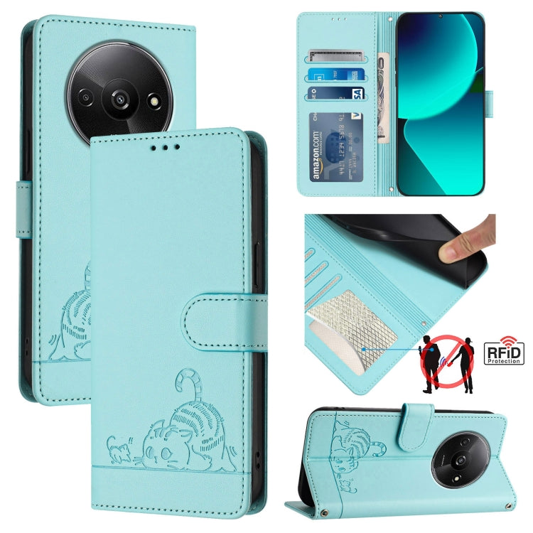 Cat Rat Embossed Pattern RFID Leather Phone Case with Lanyard, For Xiaomi A3 4G Global, For  Xiaomi POCO C61 4G Global, For Xiaomi Redmi 13C 4G Global, For Xiaomi POCO C65 Global, For Xiaomi POCO M6 5G Global, For Xiaomi Redmi K60 Ultra                ...
