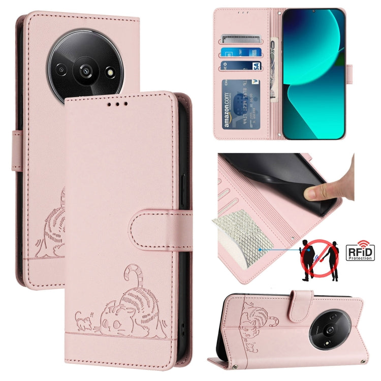 Cat Rat Embossed Pattern RFID Leather Phone Case with Lanyard, For Xiaomi A3 4G Global, For  Xiaomi POCO C61 4G Global, For Xiaomi Redmi 13C 4G Global, For Xiaomi POCO C65 Global, For Xiaomi POCO M6 5G Global, For Xiaomi Redmi K60 Ultra                ...