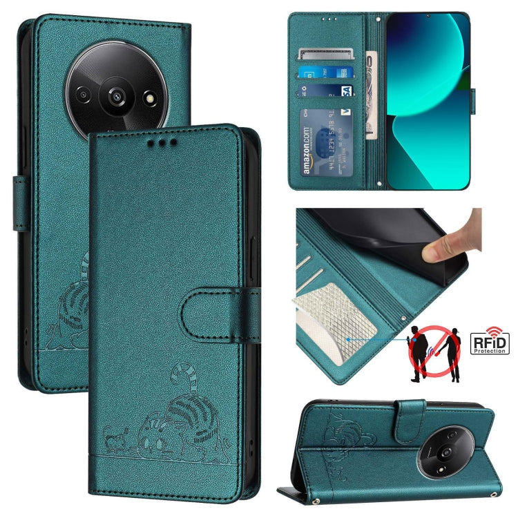 Cat Rat Embossed Pattern RFID Leather Phone Case with Lanyard, For Xiaomi A3 4G Global, For  Xiaomi POCO C61 4G Global, For Xiaomi Redmi 13C 4G Global, For Xiaomi POCO C65 Global, For Xiaomi POCO M6 5G Global, For Xiaomi Redmi K60 Ultra                ...