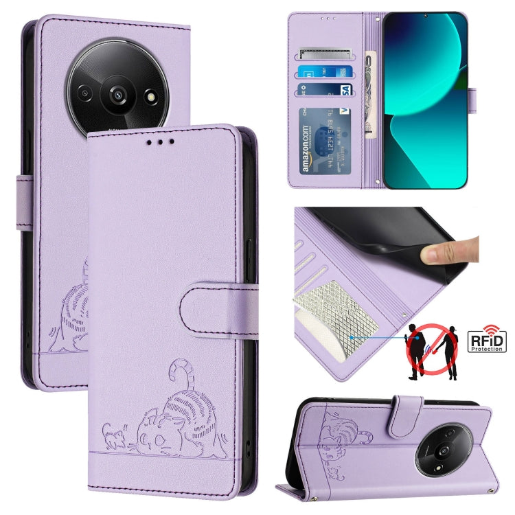 Cat Rat Embossed Pattern RFID Leather Phone Case with Lanyard, For Xiaomi A3 4G Global, For  Xiaomi POCO C61 4G Global, For Xiaomi Redmi 13C 4G Global, For Xiaomi POCO C65 Global, For Xiaomi POCO M6 5G Global, For Xiaomi Redmi K60 Ultra                ...