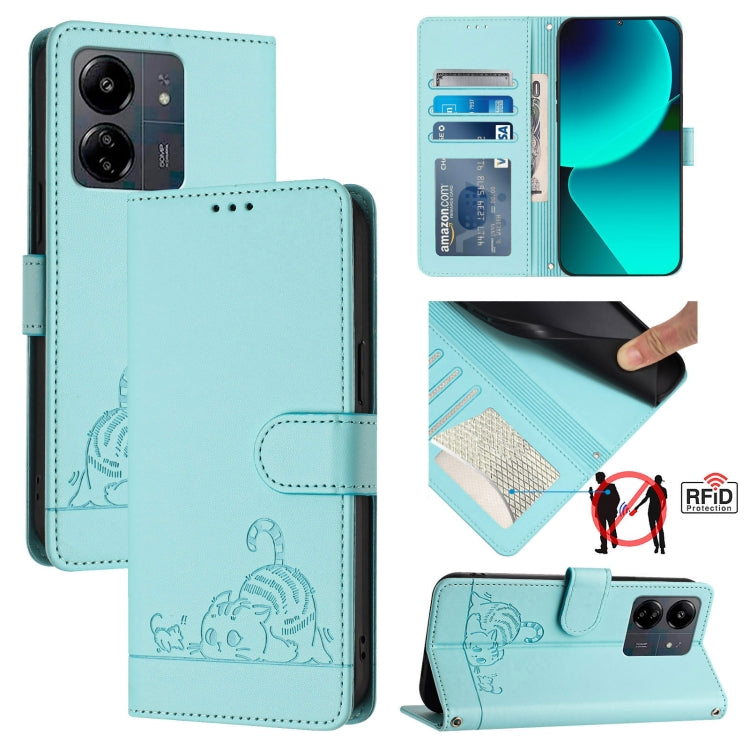 Cat Rat Embossed Pattern RFID Leather Phone Case with Lanyard, For Xiaomi A3 4G Global, For  Xiaomi POCO C61 4G Global, For Xiaomi Redmi 13C 4G Global, For Xiaomi POCO C65 Global, For Xiaomi POCO M6 5G Global, For Xiaomi Redmi K60 Ultra                ...