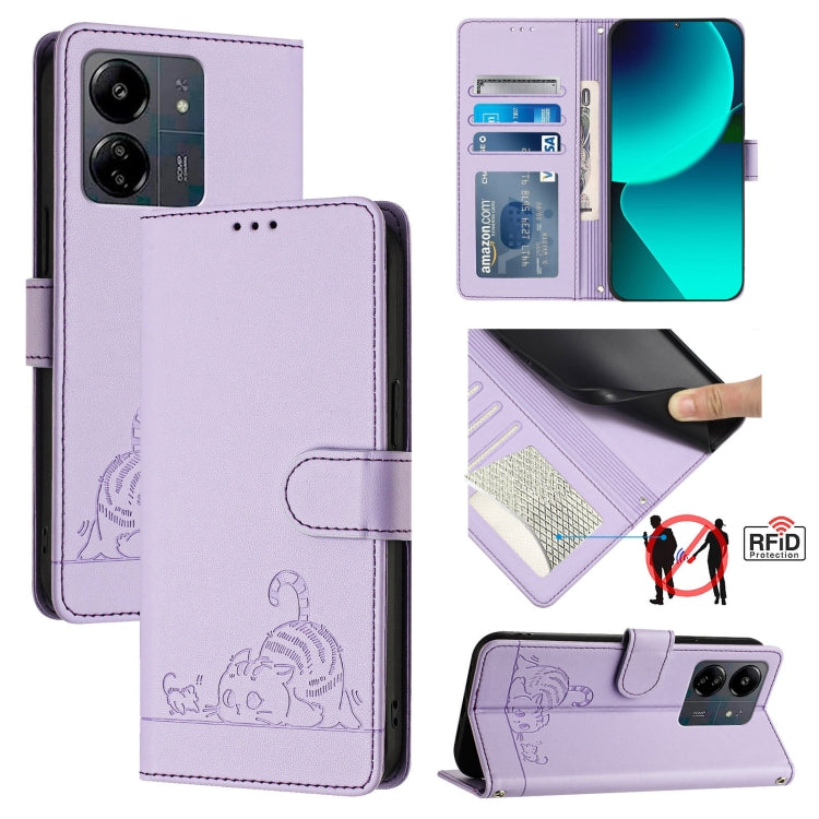 Cat Rat Embossed Pattern RFID Leather Phone Case with Lanyard, For Xiaomi A3 4G Global, For  Xiaomi POCO C61 4G Global, For Xiaomi Redmi 13C 4G Global, For Xiaomi POCO C65 Global, For Xiaomi POCO M6 5G Global, For Xiaomi Redmi K60 Ultra                ...