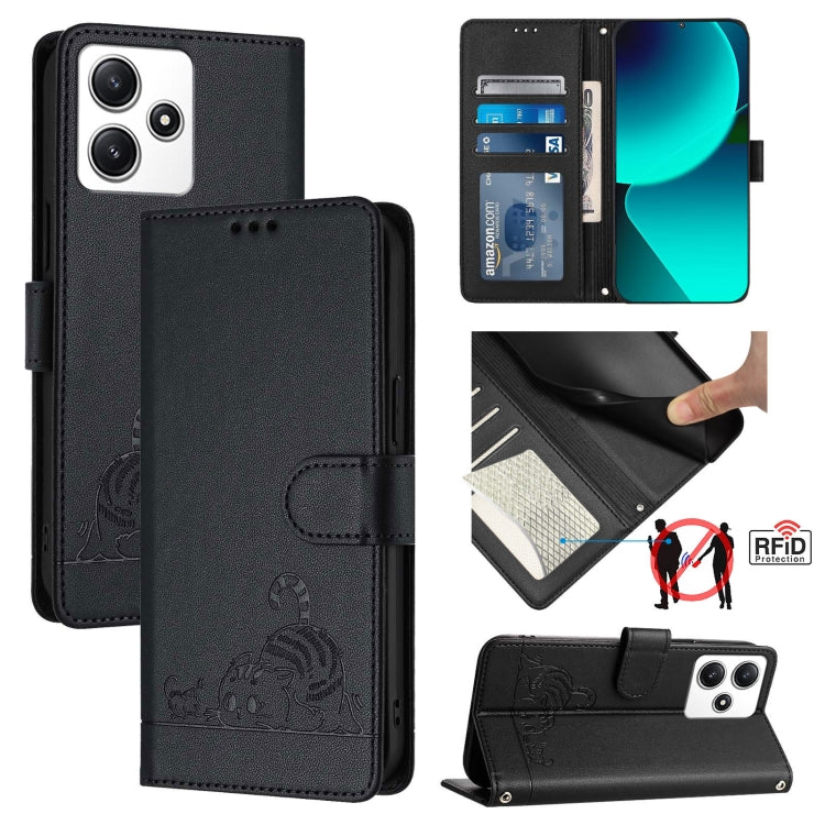 Cat Rat Embossed Pattern RFID Leather Phone Case with Lanyard, For Xiaomi A3 4G Global, For  Xiaomi POCO C61 4G Global, For Xiaomi Redmi 13C 4G Global, For Xiaomi POCO C65 Global, For Xiaomi POCO M6 5G Global, For Xiaomi Redmi K60 Ultra                ...