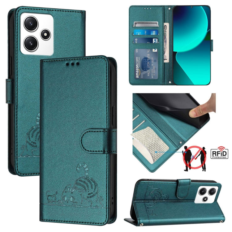 Cat Rat Embossed Pattern RFID Leather Phone Case with Lanyard, For Xiaomi Redmi 12 5G Global, For Xiaomi 13T 5G Global, For Xiaomi 13T Pro 5G Global, For Xiaomi Redmi 12 4G India, For Xiaomi Redmi Note 11T Pro+ 5G, For Xiaomi POCO X4 GT 5G             ...