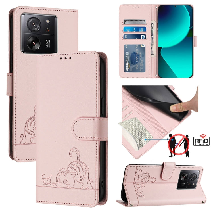 Cat Rat Embossed Pattern RFID Leather Phone Case with Lanyard, For Xiaomi Redmi 12 5G Global, For Xiaomi 13T 5G Global, For Xiaomi 13T Pro 5G Global, For Xiaomi Redmi 12 4G India, For Xiaomi Redmi Note 11T Pro+ 5G, For Xiaomi POCO X4 GT 5G             ...