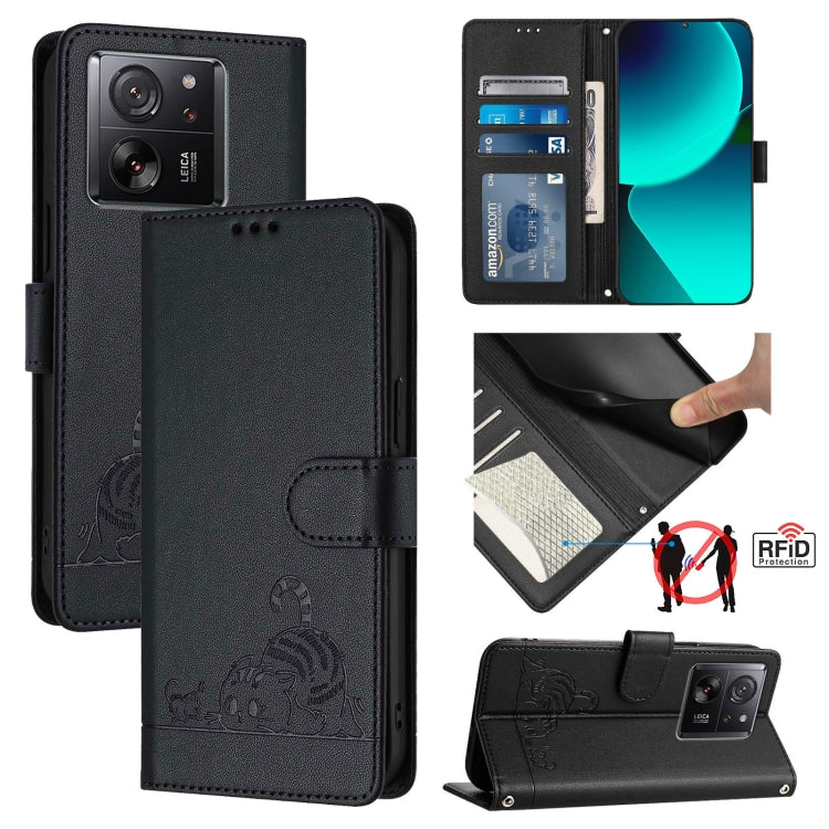 Cat Rat Embossed Pattern RFID Leather Phone Case with Lanyard, For Xiaomi Redmi 12 5G Global, For Xiaomi 13T 5G Global, For Xiaomi 13T Pro 5G Global, For Xiaomi Redmi 12 4G India, For Xiaomi Redmi Note 11T Pro+ 5G, For Xiaomi POCO X4 GT 5G             ...