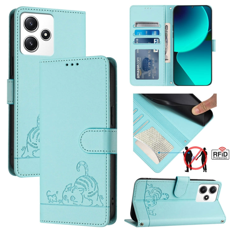 Cat Rat Embossed Pattern RFID Leather Phone Case with Lanyard, For Xiaomi Redmi 12 5G Global, For Xiaomi 13T 5G Global, For Xiaomi 13T Pro 5G Global, For Xiaomi Redmi 12 4G India, For Xiaomi Redmi Note 11T Pro+ 5G, For Xiaomi POCO X4 GT 5G             ...