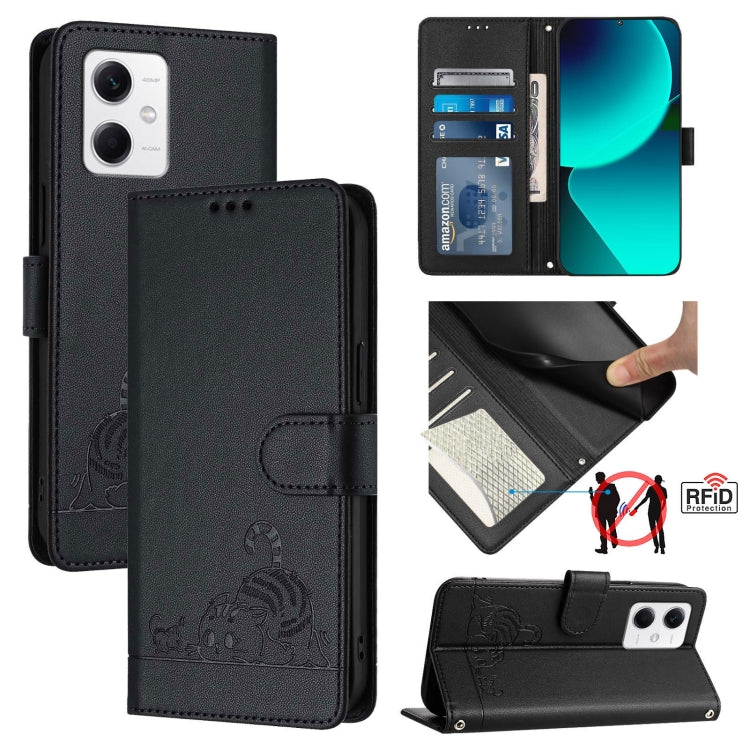 Cat Rat Embossed Pattern RFID Leather Phone Case with Lanyard, For Xiaomi Redmi Note 12 5G Global, For Xiaomi POCO X5, For Xiaomi Redmi Note 12 Turbo 5G, For Xiaomi POCO F5 Pro, For Xiaomi Redmi Note 11 4G Global, For Xiaomi Redmi Note 11S 4G Global   ...
