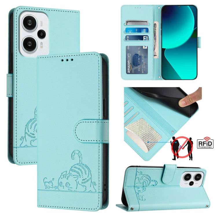 Cat Rat Embossed Pattern RFID Leather Phone Case with Lanyard, For Xiaomi Redmi Note 12 5G Global, For Xiaomi POCO X5, For Xiaomi Redmi Note 12 Turbo 5G, For Xiaomi POCO F5 Pro, For Xiaomi Redmi Note 11 4G Global, For Xiaomi Redmi Note 11S 4G Global   ...