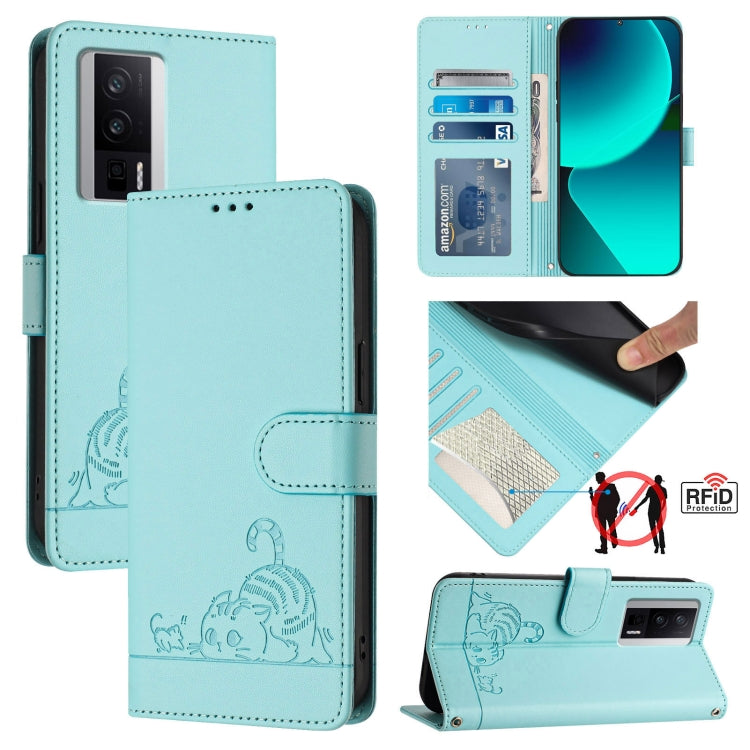 Cat Rat Embossed Pattern RFID Leather Phone Case with Lanyard, For Xiaomi Redmi Note 12 5G Global, For Xiaomi POCO X5, For Xiaomi Redmi Note 12 Turbo 5G, For Xiaomi POCO F5 Pro, For Xiaomi Redmi Note 11 4G Global, For Xiaomi Redmi Note 11S 4G Global   ...