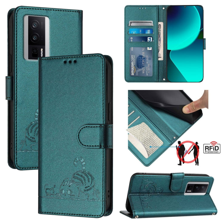 Cat Rat Embossed Pattern RFID Leather Phone Case with Lanyard, For Xiaomi Redmi Note 12 5G Global, For Xiaomi POCO X5, For Xiaomi Redmi Note 12 Turbo 5G, For Xiaomi POCO F5 Pro, For Xiaomi Redmi Note 11 4G Global, For Xiaomi Redmi Note 11S 4G Global   ...