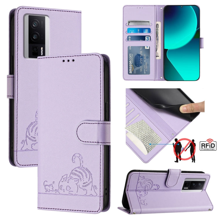 Cat Rat Embossed Pattern RFID Leather Phone Case with Lanyard, For Xiaomi Redmi Note 12 5G Global, For Xiaomi POCO X5, For Xiaomi Redmi Note 12 Turbo 5G, For Xiaomi POCO F5 Pro, For Xiaomi Redmi Note 11 4G Global, For Xiaomi Redmi Note 11S 4G Global   ...