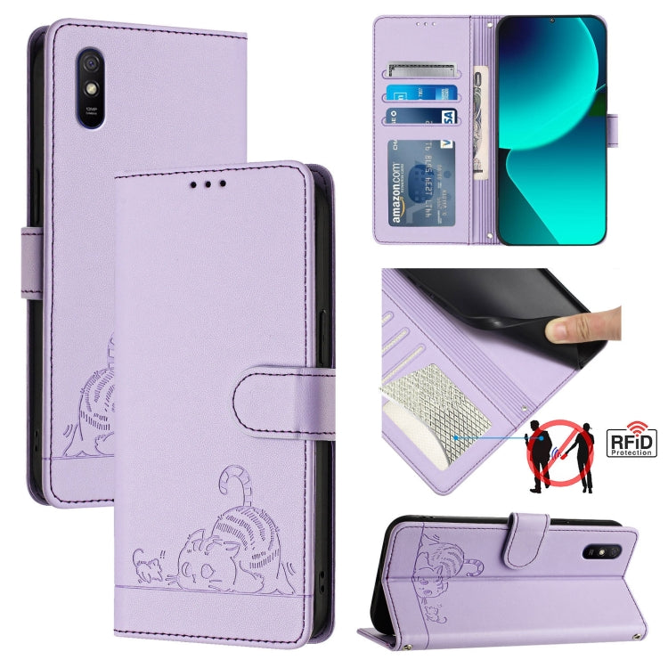 Cat Rat Embossed Pattern RFID Leather Phone Case with Lanyard, For Xiaomi Redmi Note 11 Pro+ 5G EU Version, For Xiaomi POCO M4 Pro 5G, For Xiaomi Redmi 9A / 9i / 9AT, For Xiaomi Redmi 9 Prime India, For Xiaomi Redmi Note 10 5G, For Xiaomi POCO M3 Pro  ...