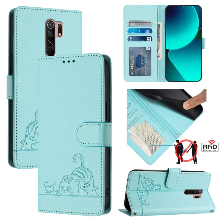 Cat Rat Embossed Pattern RFID Leather Phone Case with Lanyard, For Xiaomi Redmi Note 11 Pro+ 5G EU Version, For Xiaomi POCO M4 Pro 5G, For Xiaomi Redmi 9A / 9i / 9AT, For Xiaomi Redmi 9 Prime India, For Xiaomi Redmi Note 10 5G, For Xiaomi POCO M3 Pro  ...