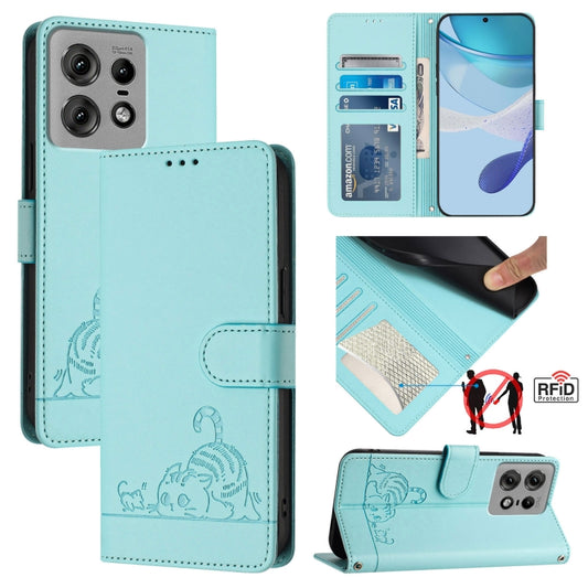 Cat Rat Embossed Pattern RFID Leather Phone Case with Lanyard, For Motorola Edge 50 Pro, For Motorola Edge 50 Fusion, For Motorola Moto G 5G 2024 Global, For Motorola Moto G Stylus 5G 2024, For Motorola Moto G24 4G Global, For Motorola Moto G04 4G Glob...