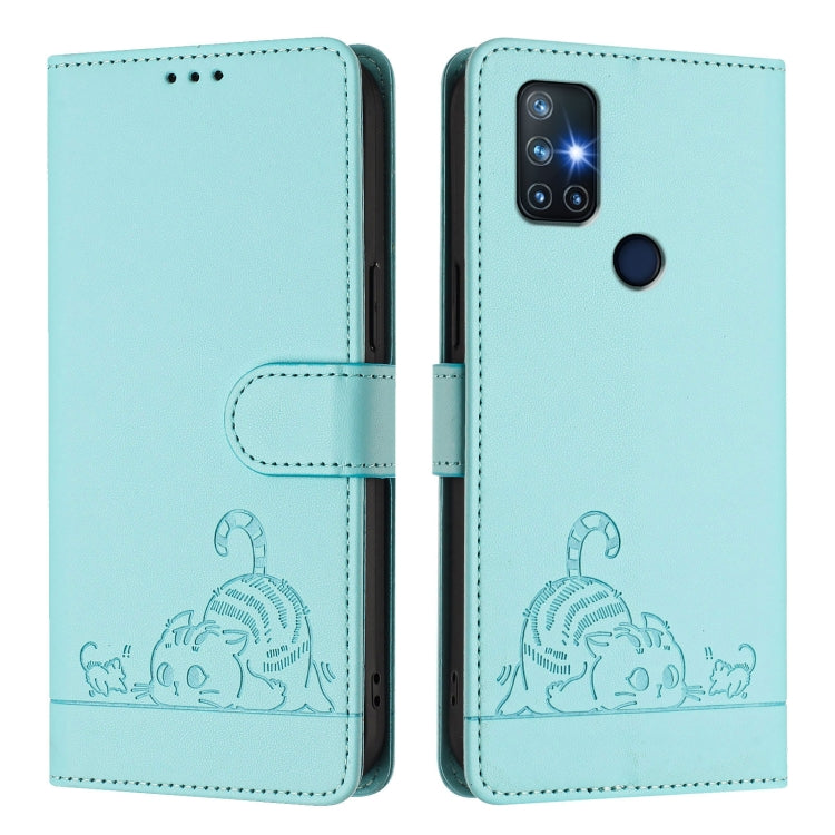 Cat Rat Embossed Pattern RFID Leather Phone Case with Lanyard, For OnePlus Nord N10 5G, For OnePlus 9R / 8T