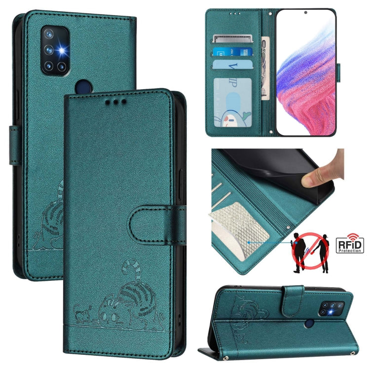 Cat Rat Embossed Pattern RFID Leather Phone Case with Lanyard, For OnePlus Nord N10 5G, For OnePlus 9R / 8T