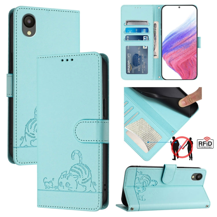 Cat Rat Embossed Pattern RFID Leather Phone Case with Lanyard, For Samsung Galaxy M34 5G/F34 5G, For Samsung Galaxy A25 5G Global, For Samsung Galaxy M54 5G Global/F54 5G, For Samsung Galaxy M14 5G Global, For Samsung Galaxy A24 4G                     ...