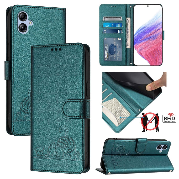 Cat Rat Embossed Pattern RFID Leather Phone Case with Lanyard, For Samsung Galaxy M34 5G/F34 5G, For Samsung Galaxy A25 5G Global, For Samsung Galaxy M54 5G Global/F54 5G, For Samsung Galaxy M14 5G Global, For Samsung Galaxy A24 4G                     ...