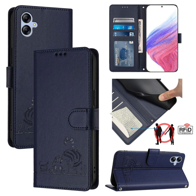 Cat Rat Embossed Pattern RFID Leather Phone Case with Lanyard, For Samsung Galaxy M34 5G/F34 5G, For Samsung Galaxy A25 5G Global, For Samsung Galaxy M54 5G Global/F54 5G, For Samsung Galaxy M14 5G Global, For Samsung Galaxy A24 4G                     ...