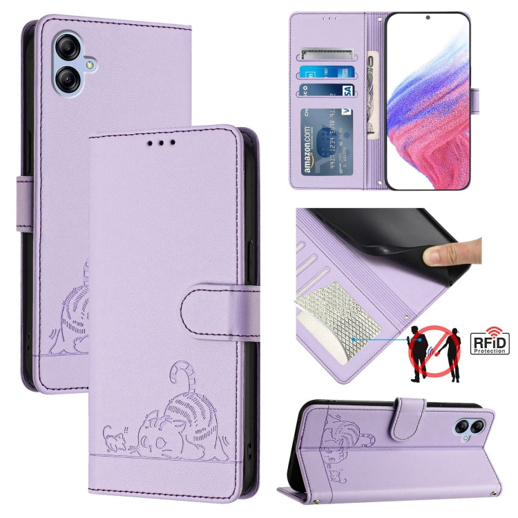 Cat Rat Embossed Pattern RFID Leather Phone Case with Lanyard, For Samsung Galaxy M34 5G/F34 5G, For Samsung Galaxy A25 5G Global, For Samsung Galaxy M54 5G Global/F54 5G, For Samsung Galaxy M14 5G Global, For Samsung Galaxy A24 4G                     ...