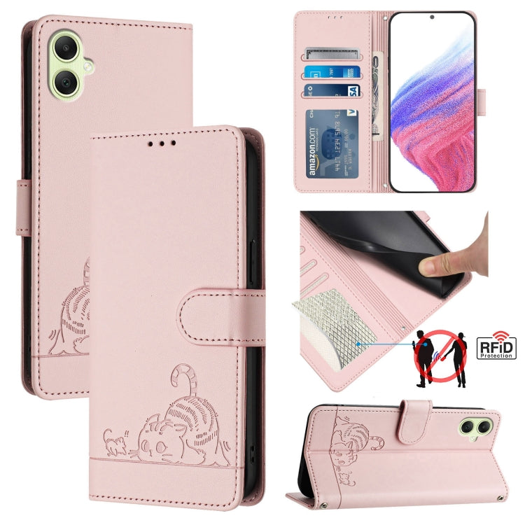 Cat Rat Embossed Pattern RFID Leather Phone Case with Lanyard, For Samsung Galaxy M55, For Samsung Galaxy M15 5G Global, For Samsung Galaxy F15 5G Global, For Samsung Galaxy A15 5G/4G, For Samsung Galaxy A55 5G, For Samsung Galaxy A35 5G               ...